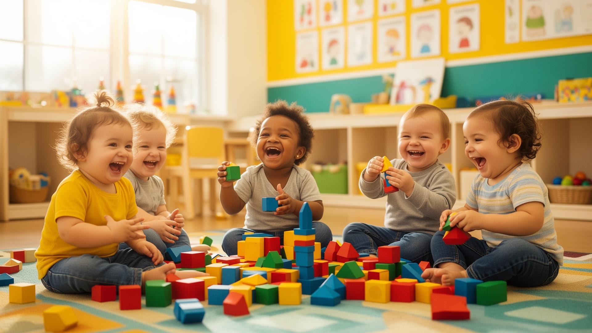 Joyful toddlers laughing and playing with colorful blocks at Giggles & Dimples Daycare
